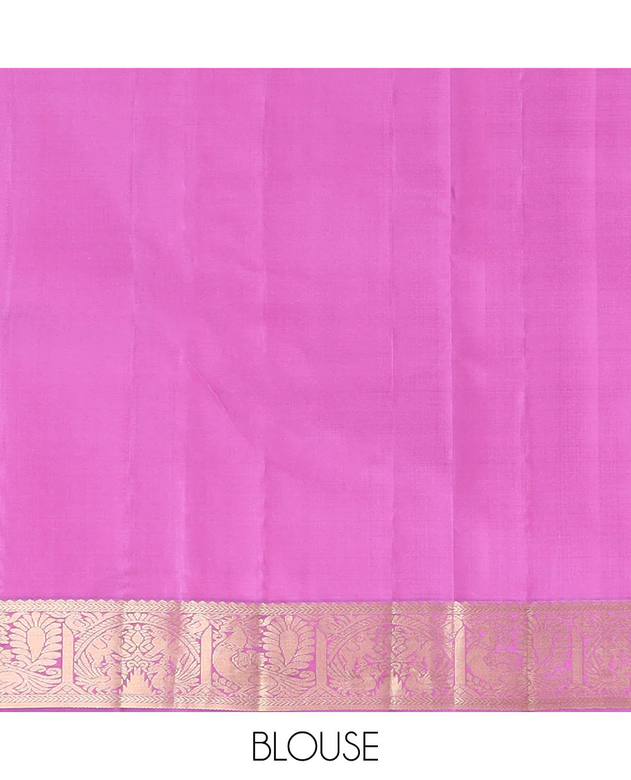 Rani pink mayil and yaanai buttas Vasundhara silk saree, contrast border of rekku, kathir, mayil, and yaanai designs, and pallu of geometric patterns - Image 6