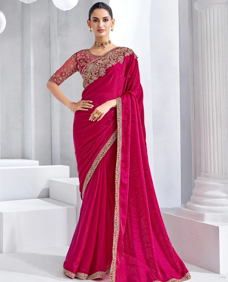 Rani pink plain designer saree, floral-paisley embroidered  border, and self-pallu