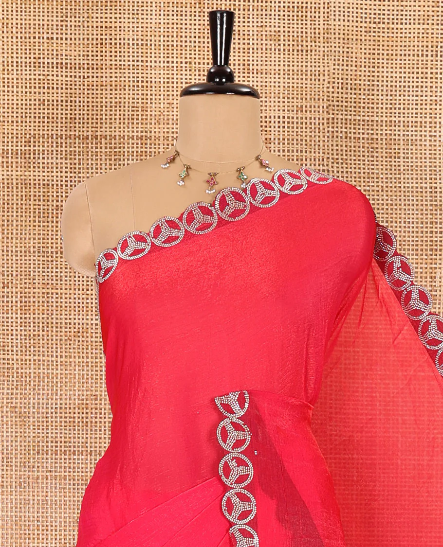 Rani pink plain fendy chiffon saree, scallop micro stone border, intricate stone work pallu, and a matching micro-stone blouse - Image 2