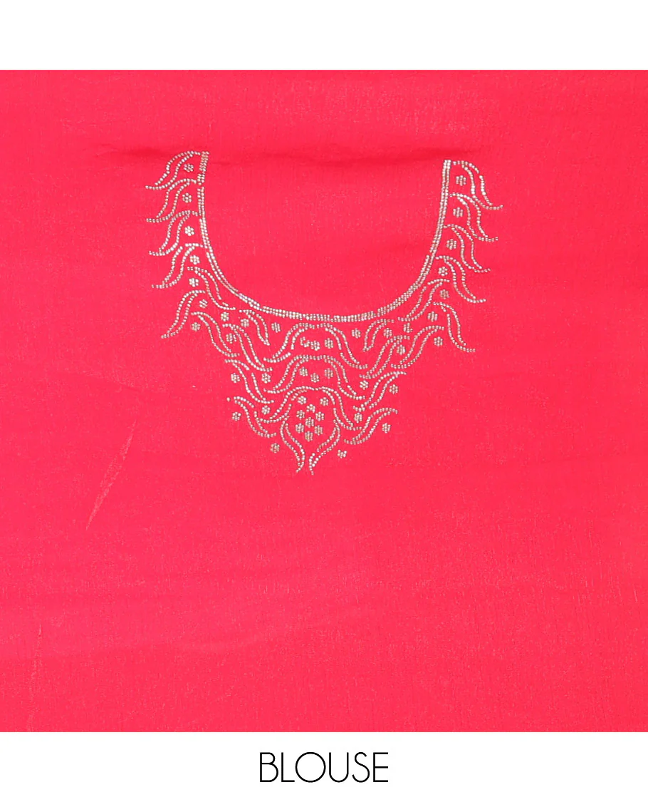 Rani pink plain fendy chiffon saree, scallop micro stone border, intricate stone work pallu, and a matching micro-stone blouse - Image 3