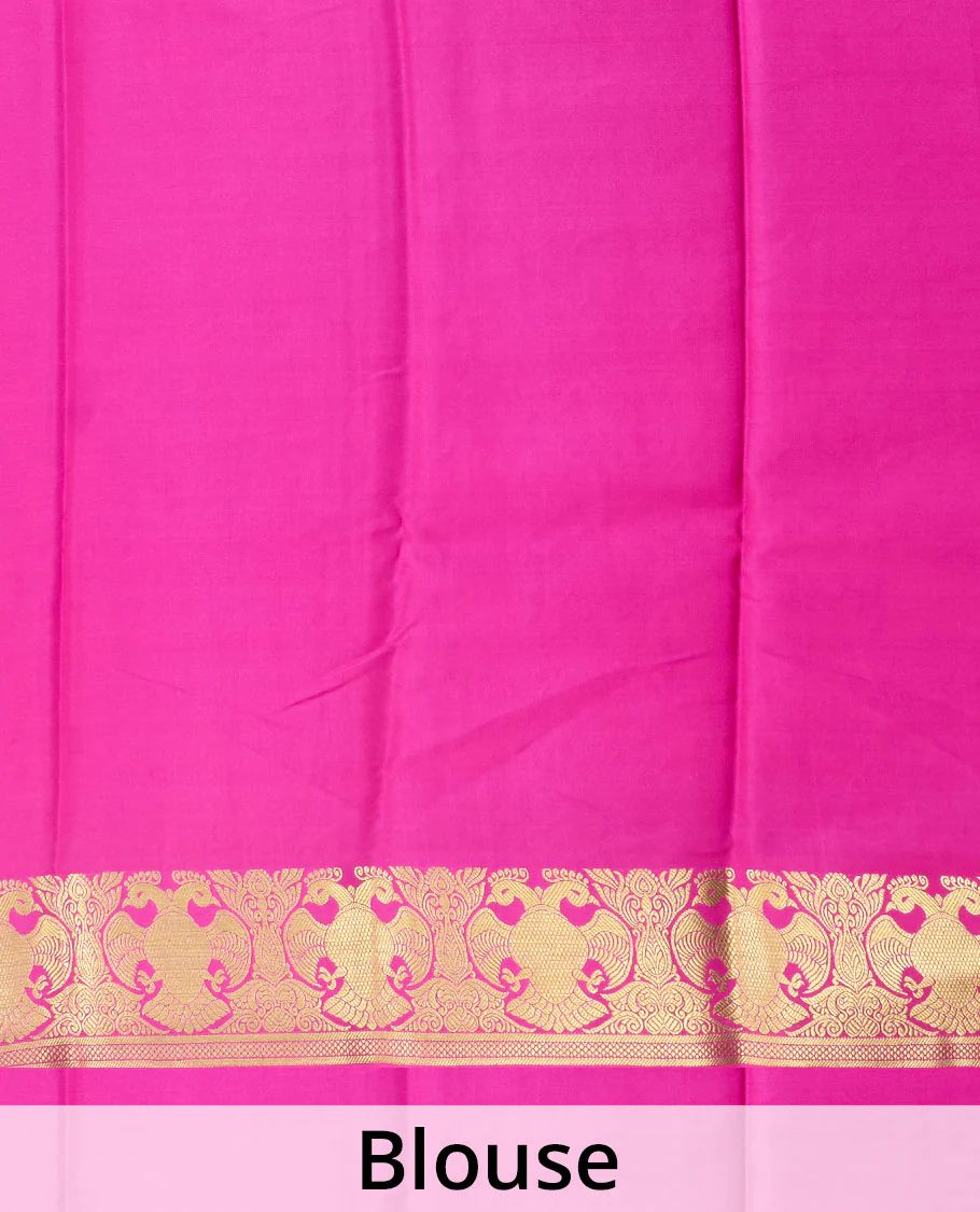 Rani pink plain Mysore silk saree, zari border of two-headed eagle motifs, and pallu steeped with two-headed eagle motifs - Image 5