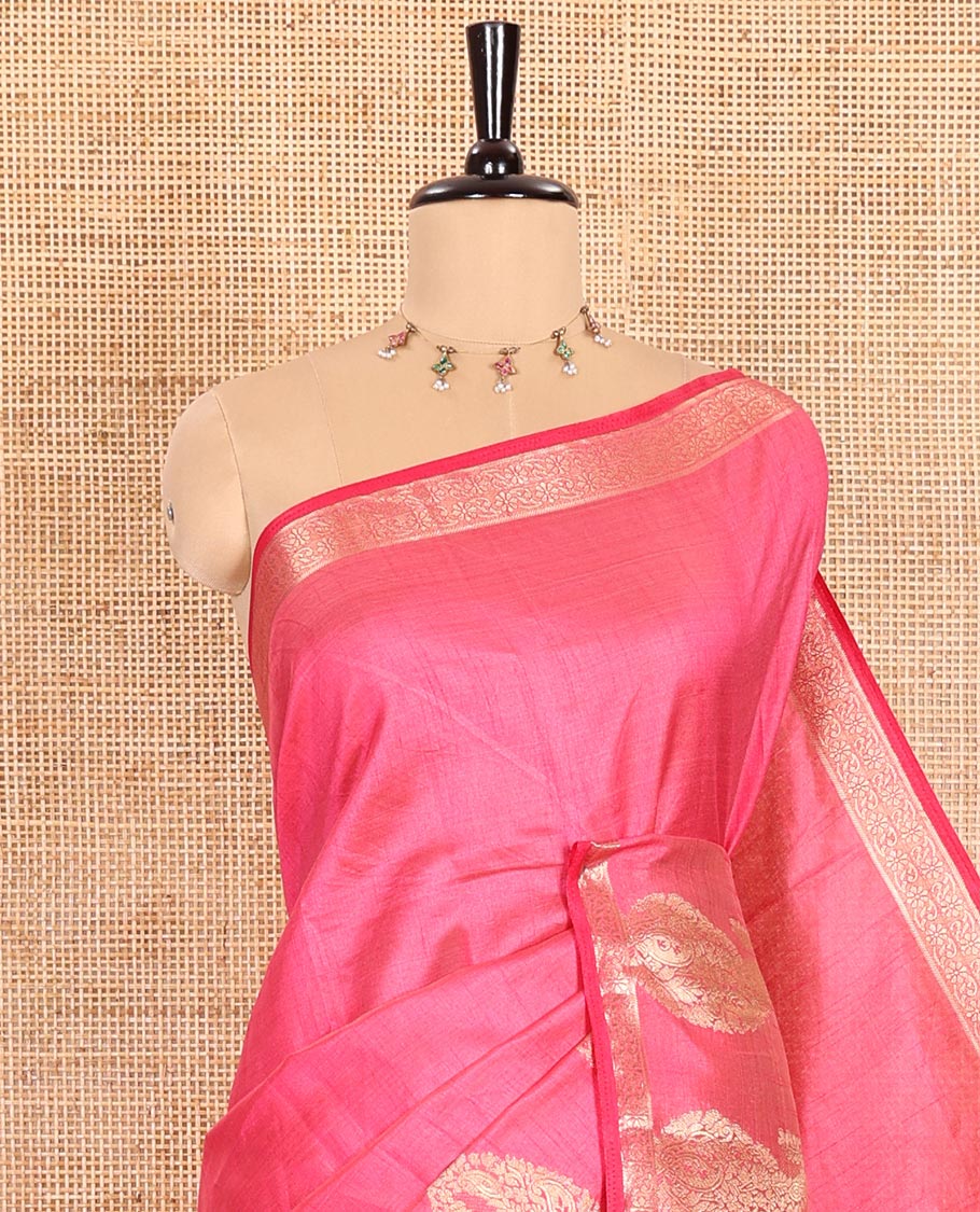 Rani Pink Plain Semi-Tussar Saree Artfully Detailed with a Self Border Featuring Floral and Paisley Zari Weave, Adorned with a Zari-Striped Pallu, Paired with a Matching Zari-Woven Blouse - Image 2