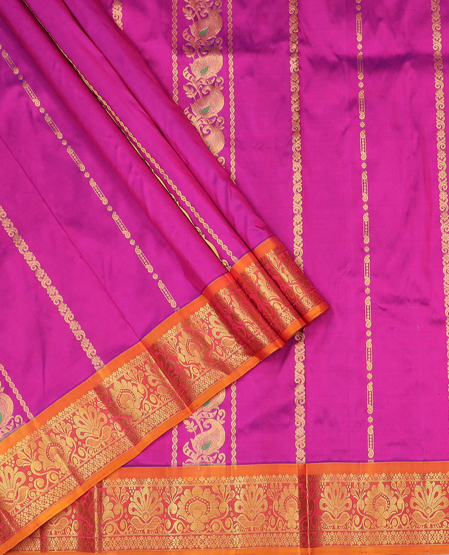 Rani Pink Pure Silk Half-Saree Embellished with Zari Designs on the Skirt, Complemented by a Contrast Zari-Design Border, Paired with a Contrast Blouse, and Featuring a Jaal-Designed Dhavani - Image 2