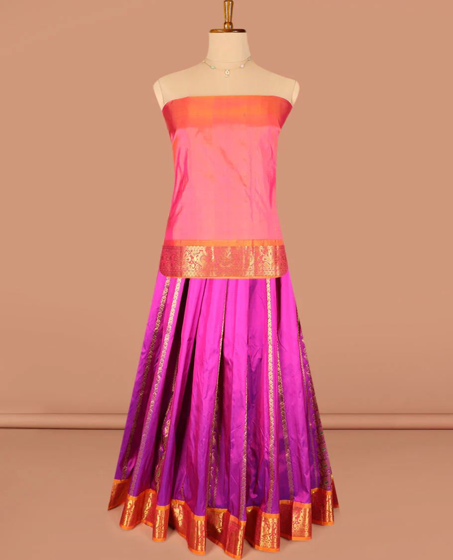 Rani Pink Pure Silk Half-Saree Embellished with Zari Designs on the Skirt, Complemented by a Contrast Zari-Design Border, Paired with a Contrast Blouse, and Featuring a Jaal-Designed Dhavani - Image 3