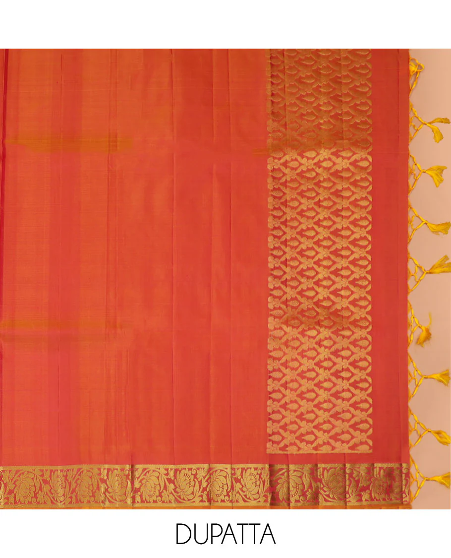 Rani Pink Pure Silk Half-Saree Embellished with Zari Designs on the Skirt, Complemented by a Contrast Zari-Design Border, Paired with a Contrast Blouse, and Featuring a Jaal-Designed Dhavani - Image 5