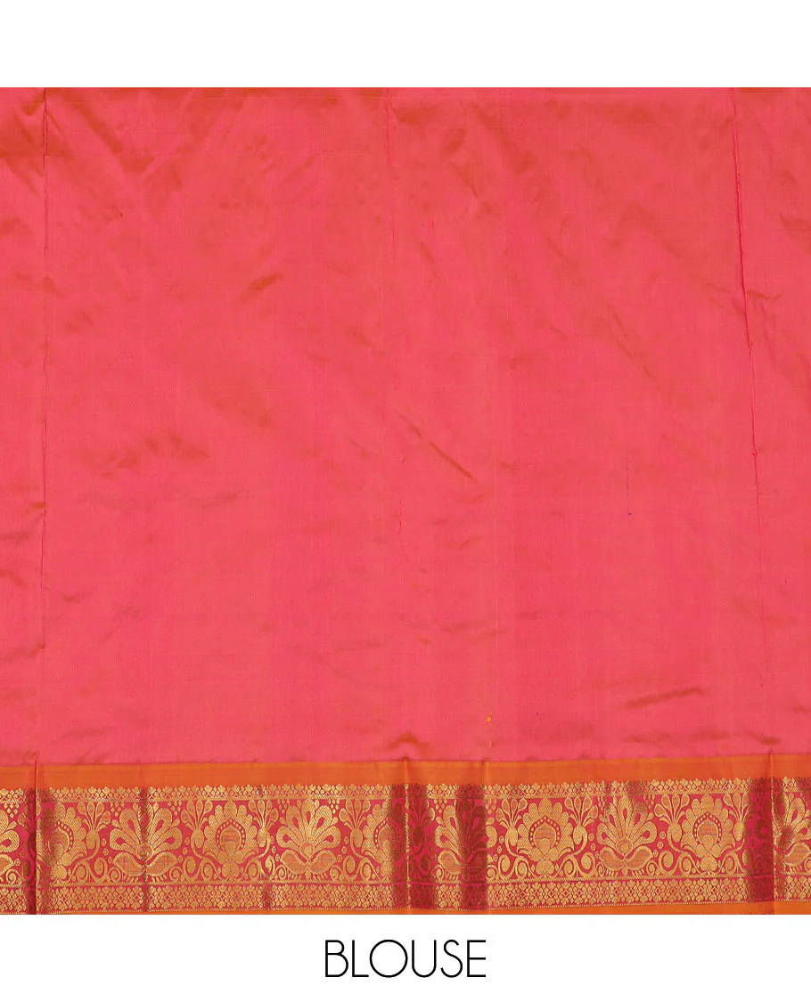 Rani Pink Pure Silk Half-Saree Embellished with Zari Designs on the Skirt, Complemented by a Contrast Zari-Design Border, Paired with a Contrast Blouse, and Featuring a Jaal-Designed Dhavani - Image 6