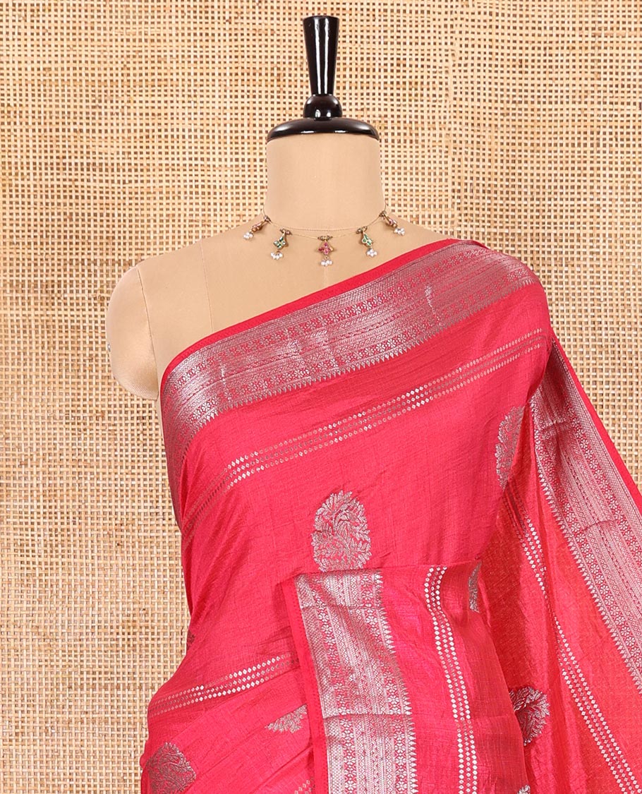 Rani Pink Semi-Tussar Saree Elevated with Gold Zari Stripes and Elegant Paisley Zari Buttas, Featuring a Subtly Shimmering Pallu Adorned with Traditional Zari Designs, and Paired with a Matching Blouse - Image 2