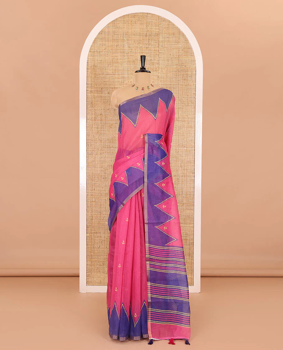 Rani pink small buttas printed Linen cotton saree, contrast double-sided temple border, striped pallu, and vertically striped blouse - Image 2