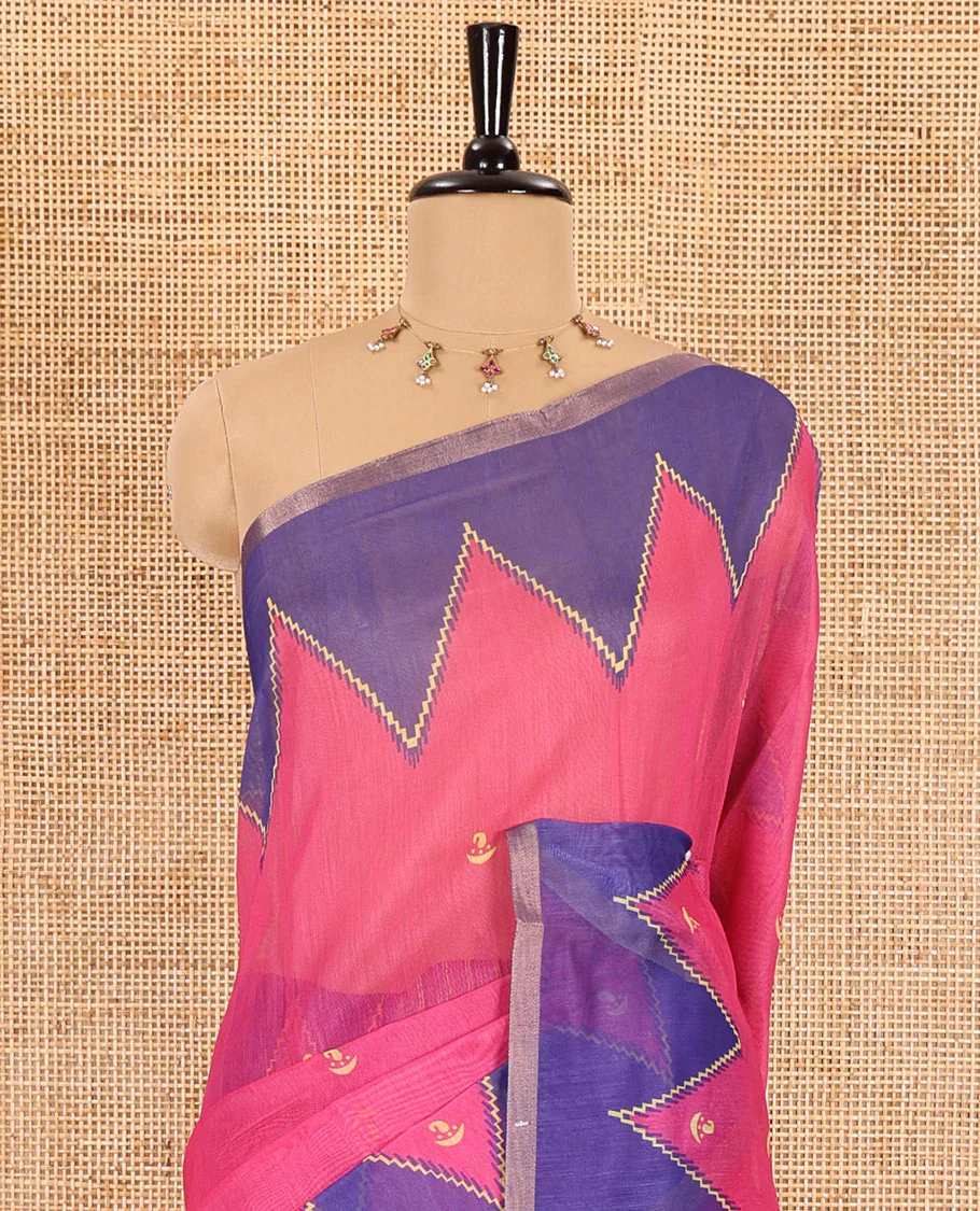 Rani pink small buttas printed Linen cotton saree, contrast double-sided temple border, striped pallu, and vertically striped blouse - Image 3