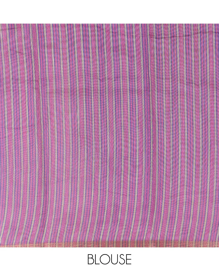 Rani pink small buttas printed Linen cotton saree, contrast double-sided temple border, striped pallu, and vertically striped blouse - Image 4