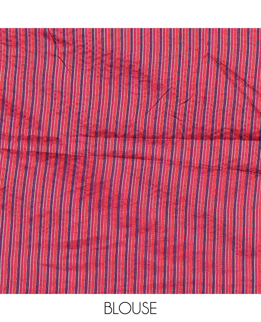 Rani pink thread buttas woven jute cotton saree, multi-color temple border, striped pallu, and a matching striped blouse - Image 4