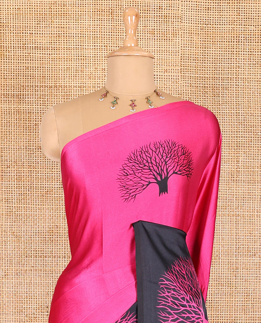 Rani pink tree motifs digitally printed Gajji silk saree with contrast printed border of upside down tree motifs, and contrast printed blouse - Image 3
