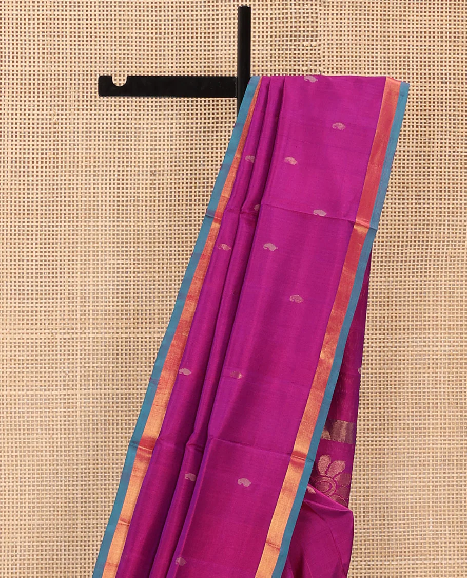 Rani Pink Uppada Silk Saree Beautified with Paisley Buttas, Captivating Contrast Bavanji Border, Pallu Featuring Floral and Paisley Design, and Paired with a Matching Blouse - Image 3