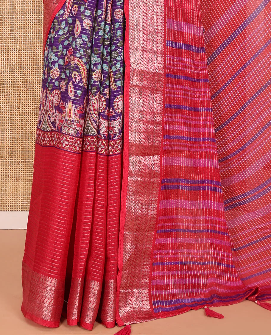 Rani Pink Viscose Georgette Adorned with Horizontal Zari Stripes and Kalamkari Flora-Paisley Prints, Complemented by a Traditional Zari Border, a Printed Pallu with Stripes, and a Matching Blouse - Image 3