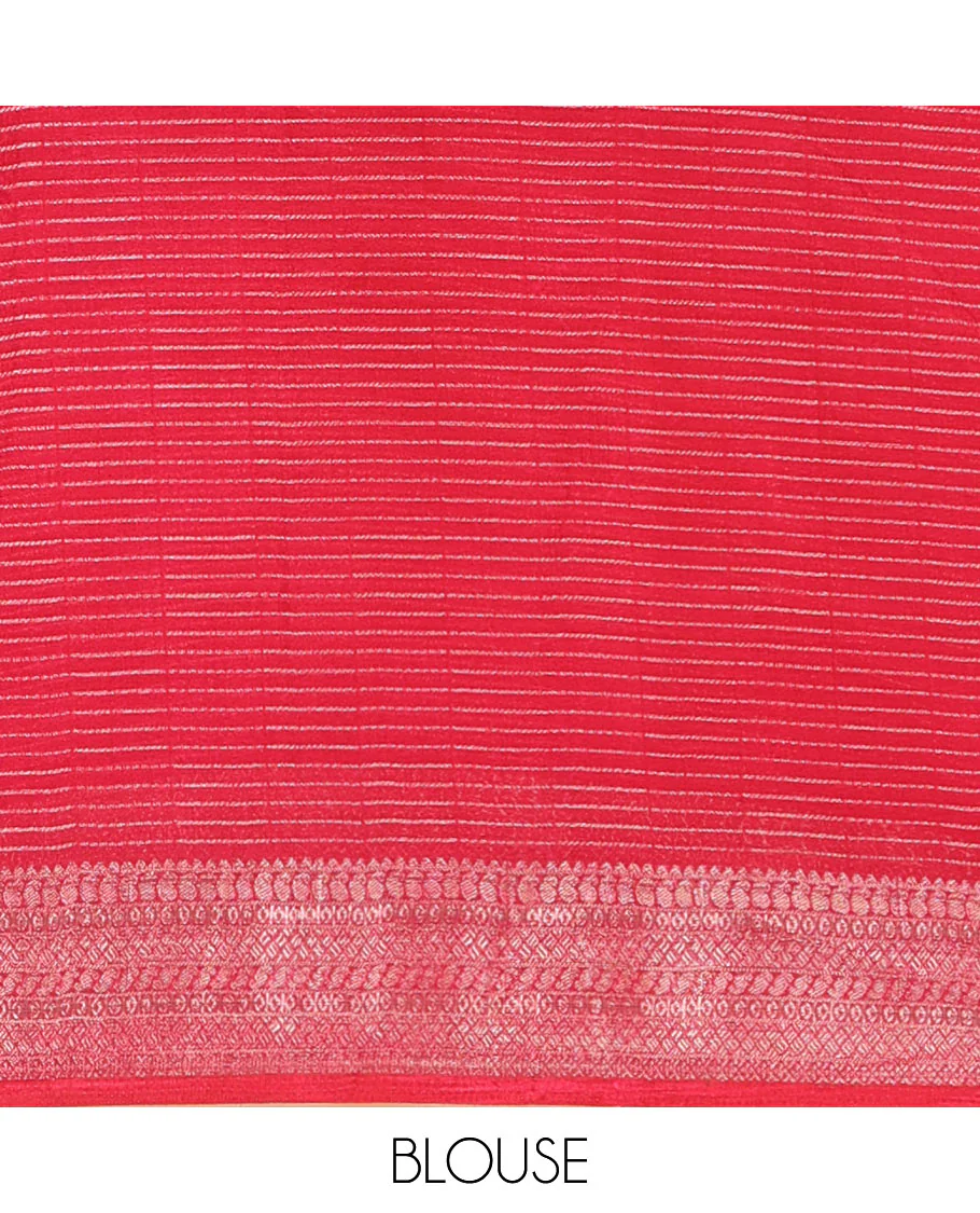 Rani Pink Viscose Georgette Adorned with Horizontal Zari Stripes and Kalamkari Flora-Paisley Prints, Complemented by a Traditional Zari Border, a Printed Pallu with Stripes, and a Matching Blouse - Image 4