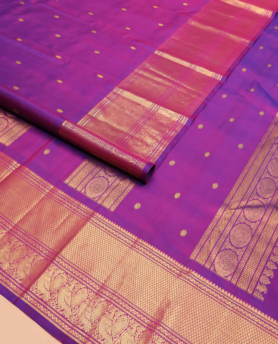 Rani pink zari buttas Kanchipuram silk saree, zari border of neli, muthu, mayil kann, and mayil designs, and pallu of traditional designs - Image 2