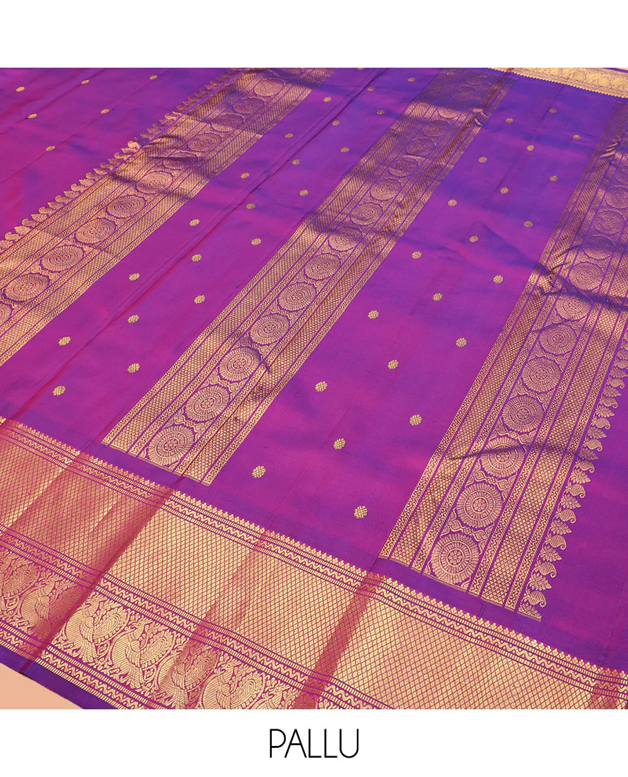 Rani pink zari buttas Kanchipuram silk saree, zari border of neli, muthu, mayil kann, and mayil designs, and pallu of traditional designs - Image 5