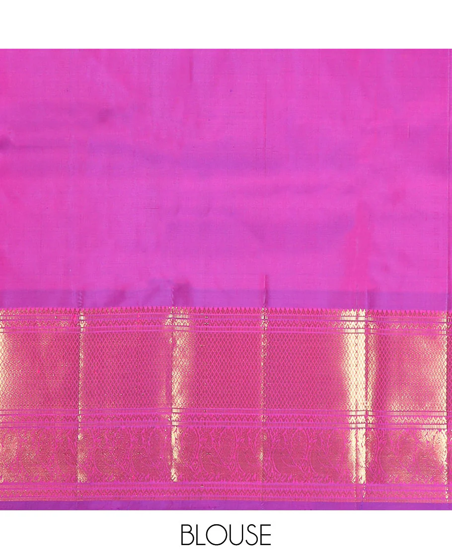 Rani pink zari buttas Kanchipuram silk saree, zari border of neli, muthu, mayil kann, and mayil designs, and pallu of traditional designs - Image 6