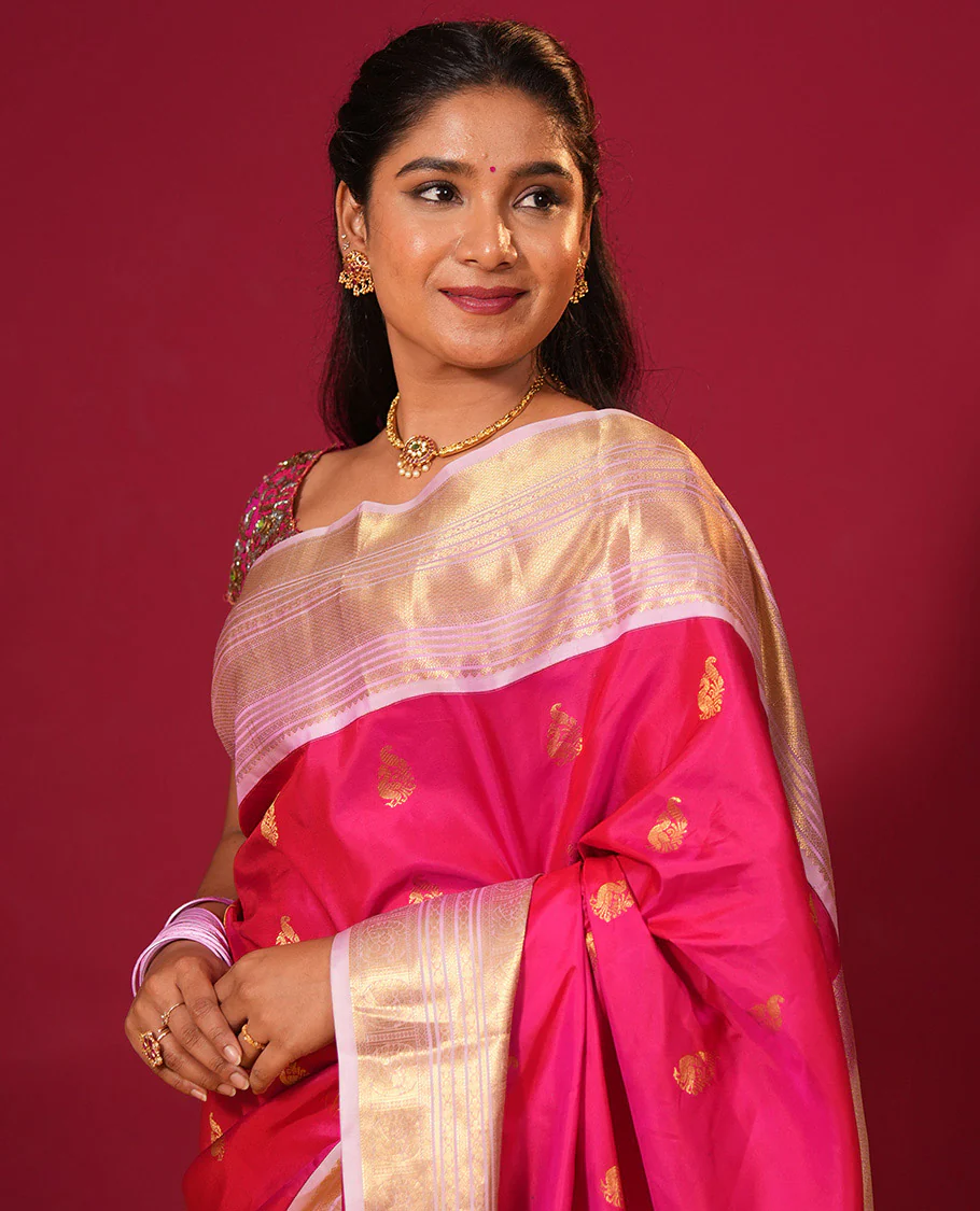 Rani pink zari buttas Vasundhara silk saree, contrast border of muthu, diamond, kathir, and mayil kann designs, and jaal pallu - Image 3