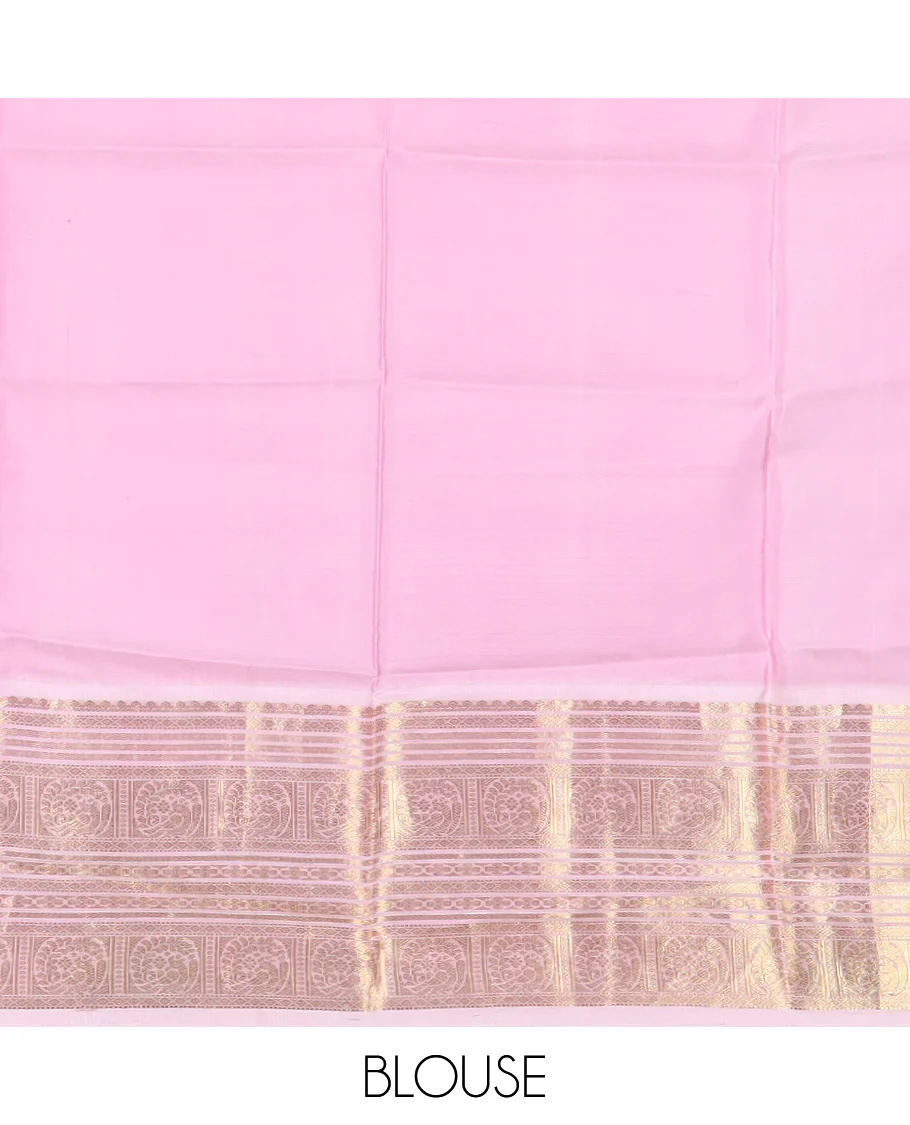 Rani pink zari buttas Vasundhara silk saree, contrast border of muthu, diamond, kathir, and mayil kann designs, and jaal pallu - Image 4