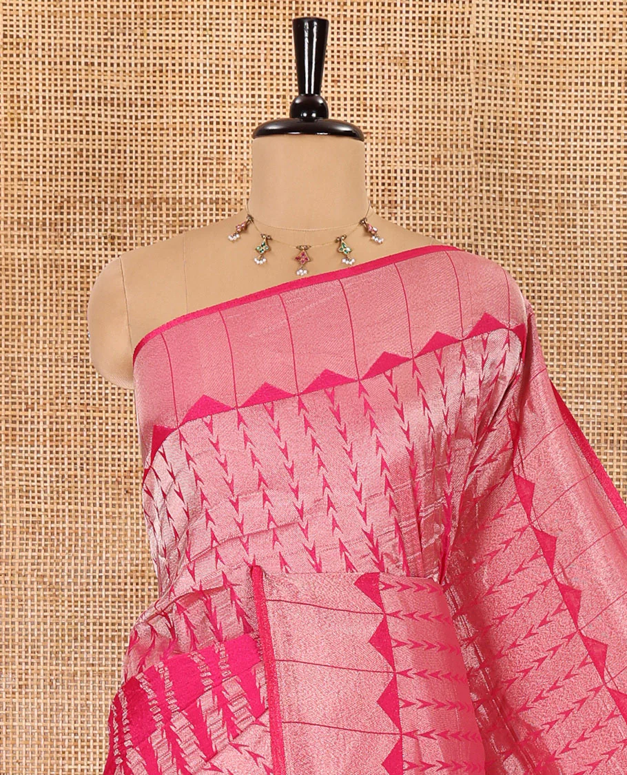 Rani pink zari geometric fancy crepe saree, temple zari border, zari striped pallu, and a matching buttas woven blouse - Image 2