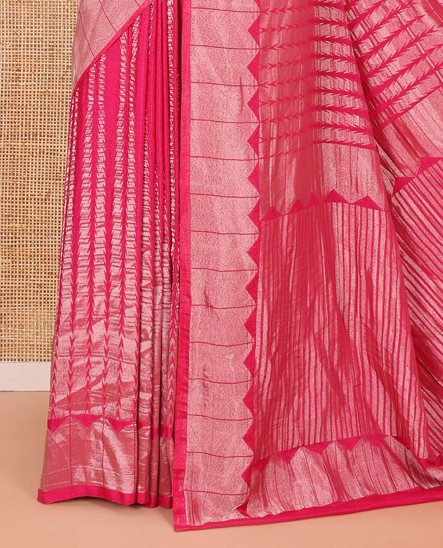 Rani pink zari geometric fancy crepe saree, temple zari border, zari striped pallu, and a matching buttas woven blouse - Image 3