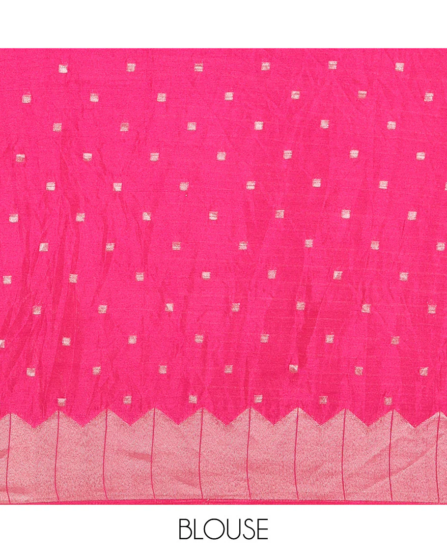 Rani pink zari geometric fancy crepe saree, temple zari border, zari striped pallu, and a matching buttas woven blouse - Image 4