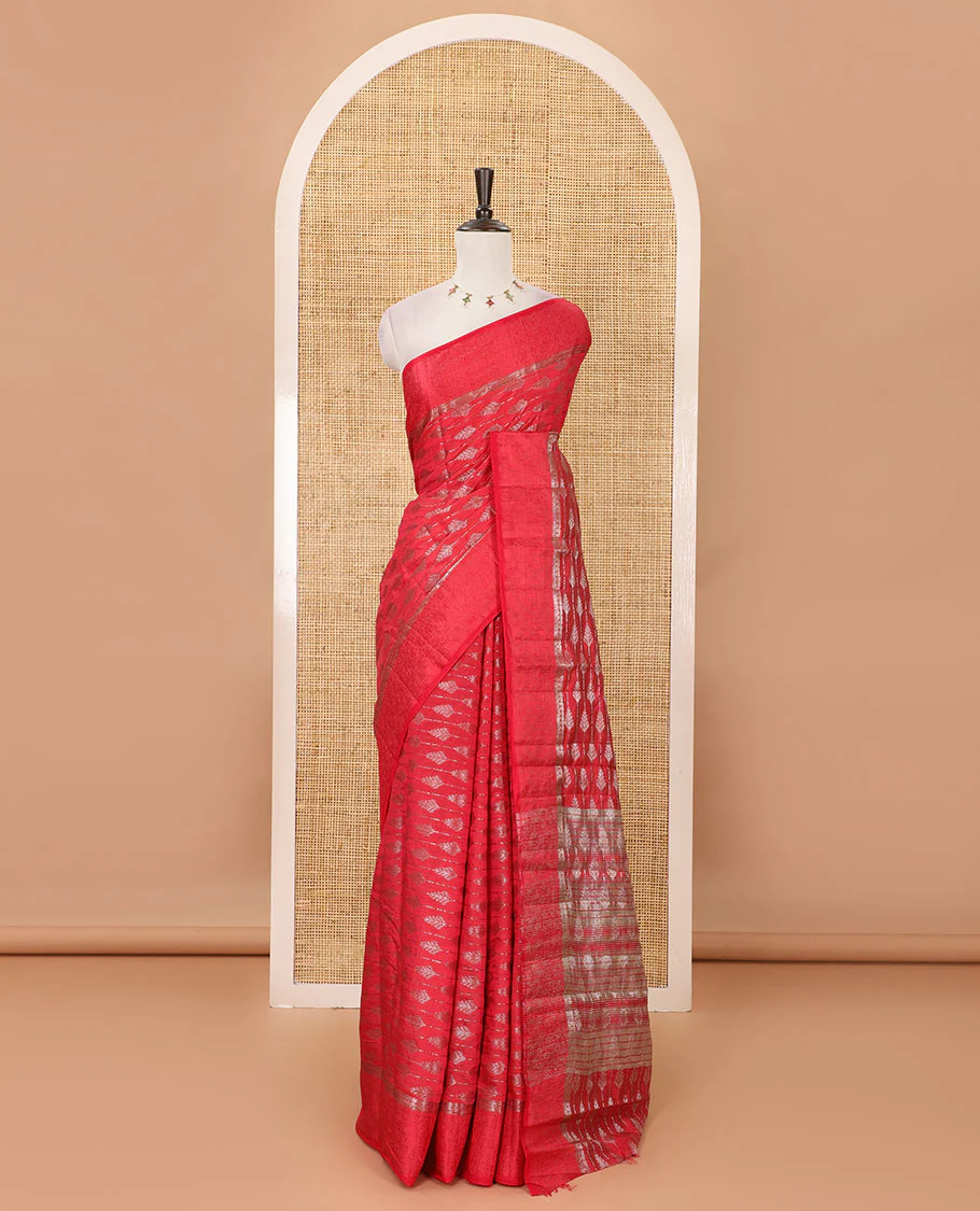 Rani pink zari & resham thread arrow design woven art silk saree, zari design satin embossed border & matching blouse - Image 2
