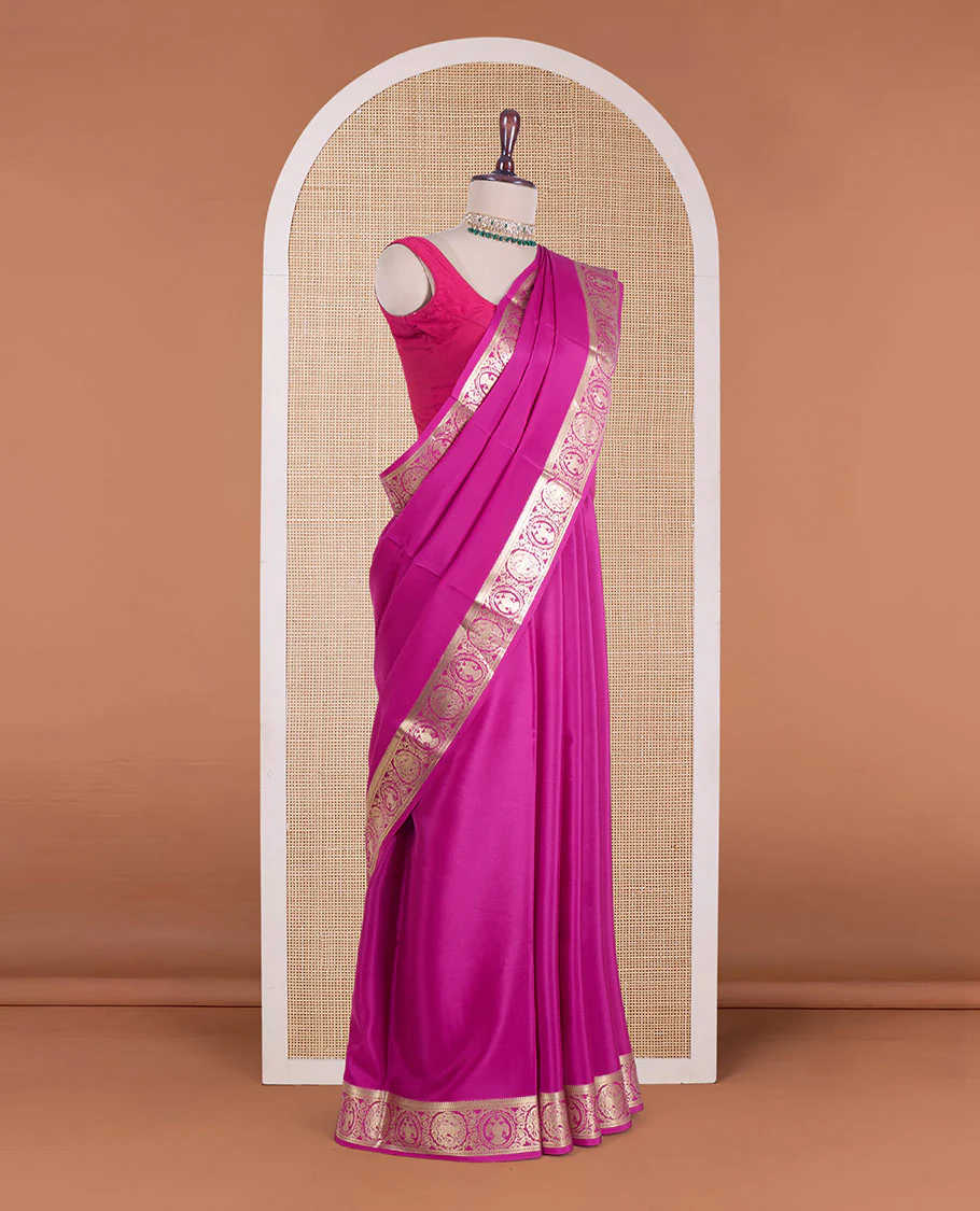 Rani plain Mysore silk saree, zari border of Mythological animal characters, and zari striped pallu