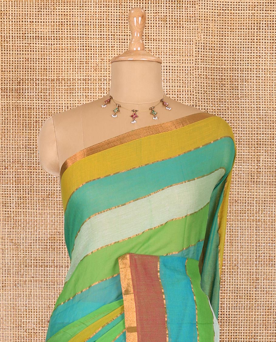 Rani rainbow-style striped Khadi mul cotton saree with piping zari border, and a matching zari striped blouse - Image 3