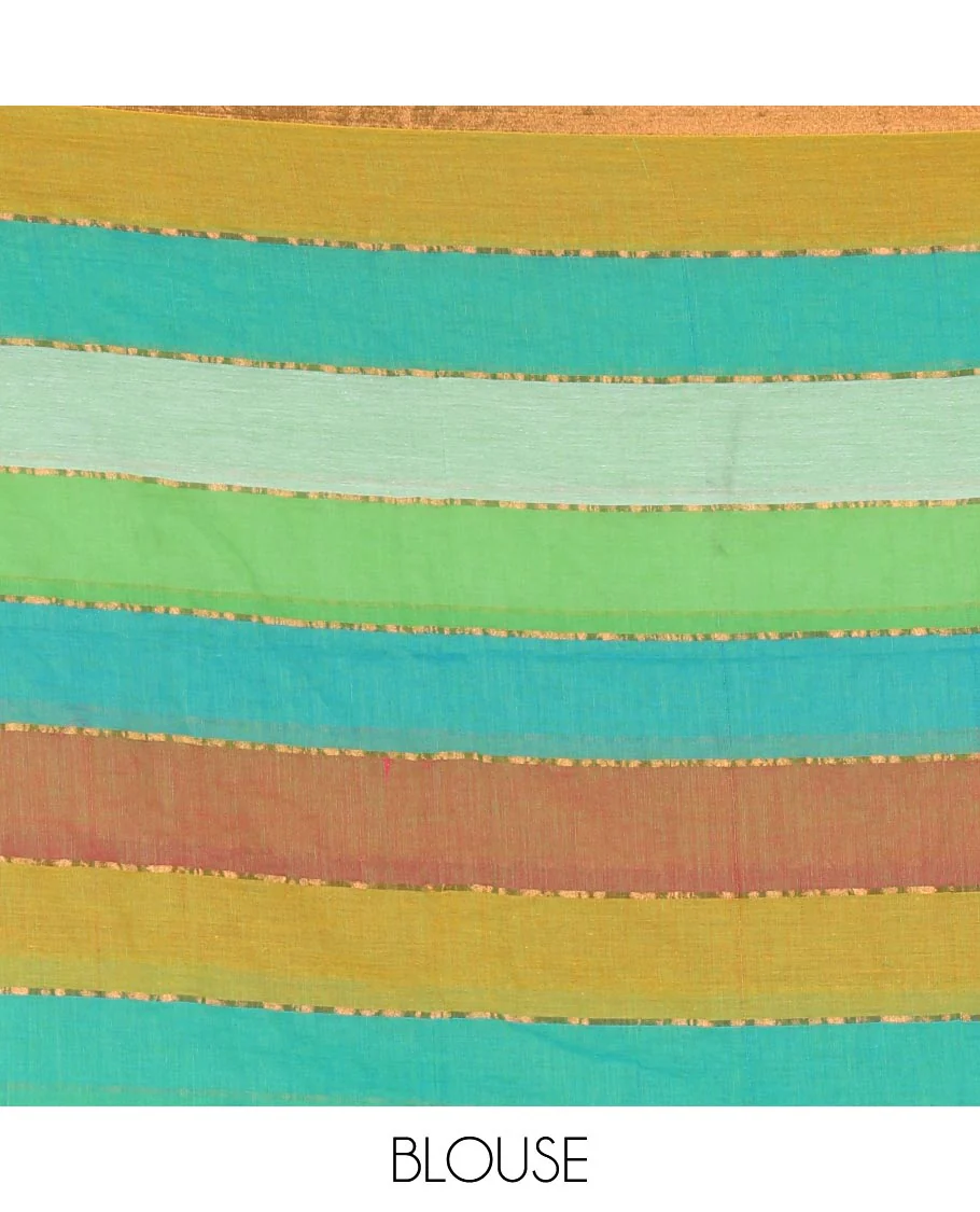Rani rainbow-style striped Khadi mul cotton saree with piping zari border, and a matching zari striped blouse - Image 4
