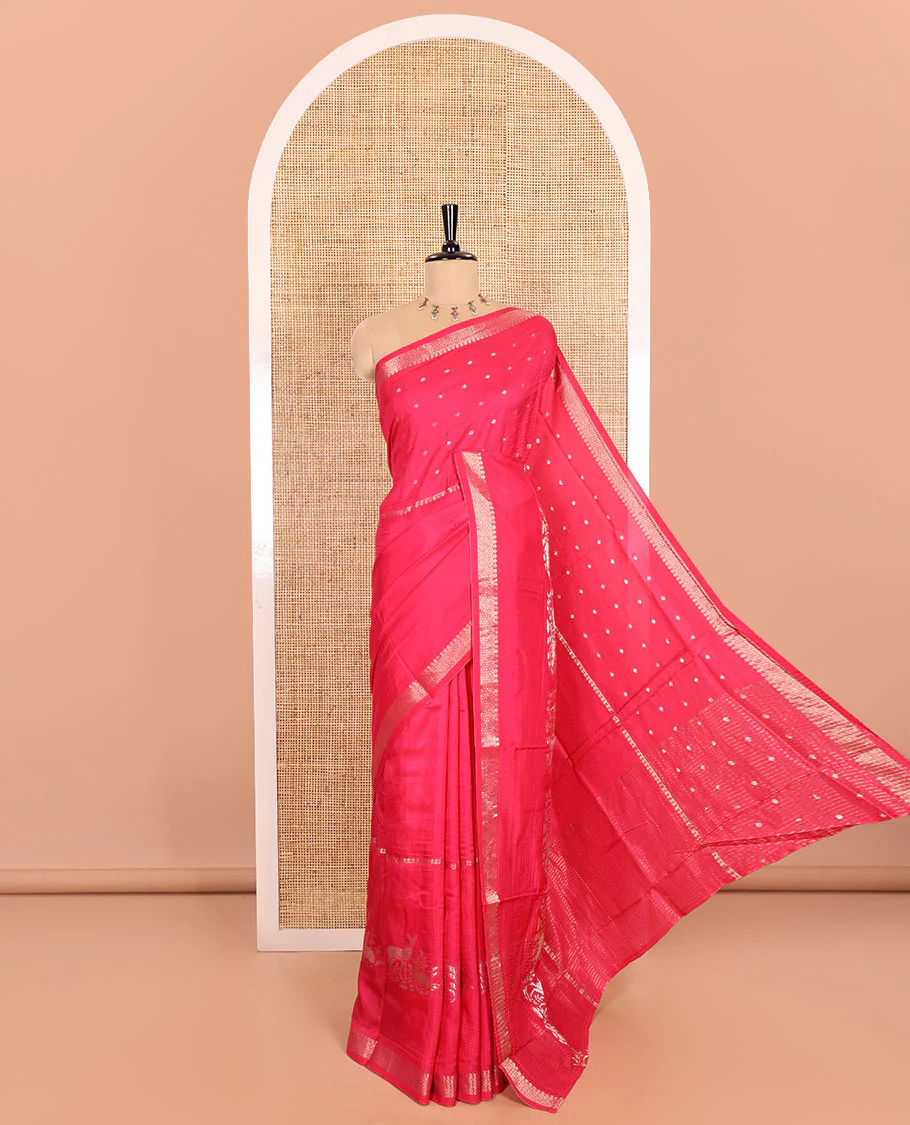 Rani Russian Silk Saree Adorned with Gold Zari Buttas and Deer Motifs, Featuring a Subtly Sparkling Traditional Zari Border, a Pallu with Zari Stripes, and a Contrast Blouse Woven with Peacock Meena Buttas