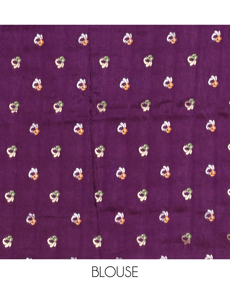 Rani Russian Silk Saree Adorned with Gold Zari Buttas and Deer Motifs, Featuring a Subtly Sparkling Traditional Zari Border, a Pallu with Zari Stripes, and a Contrast Blouse Woven with Peacock Meena Buttas - Image 3