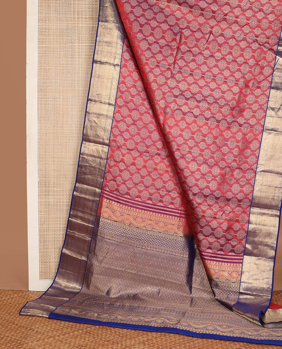 Red ajrakh-style jacquard wedding silk saree, contrast jaal pallu & border of geometric patterns - Image 3