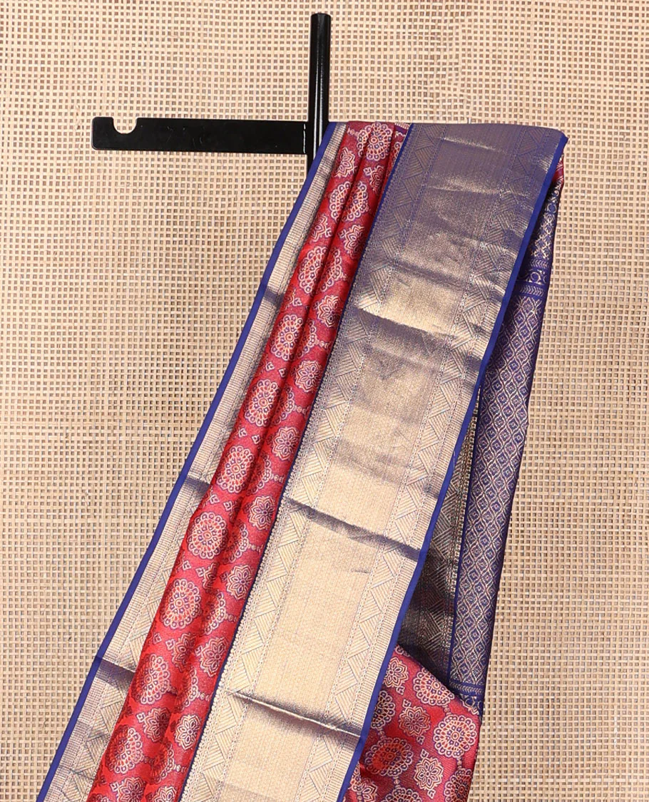Red ajrakh-style jacquard wedding silk saree, contrast jaal pallu & border of geometric patterns - Image 4