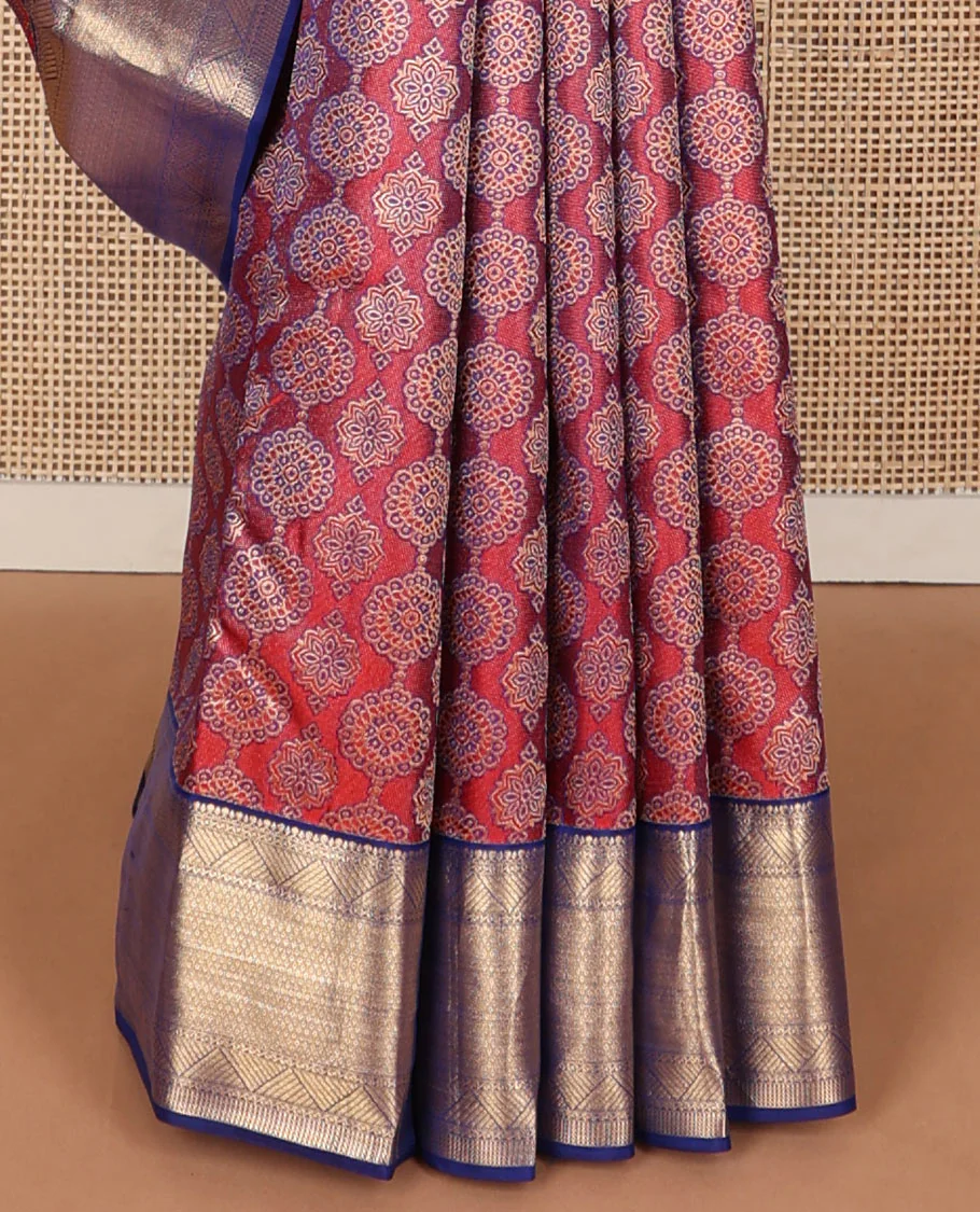 Red ajrakh-style jacquard wedding silk saree, contrast jaal pallu & border of geometric patterns - Image 5
