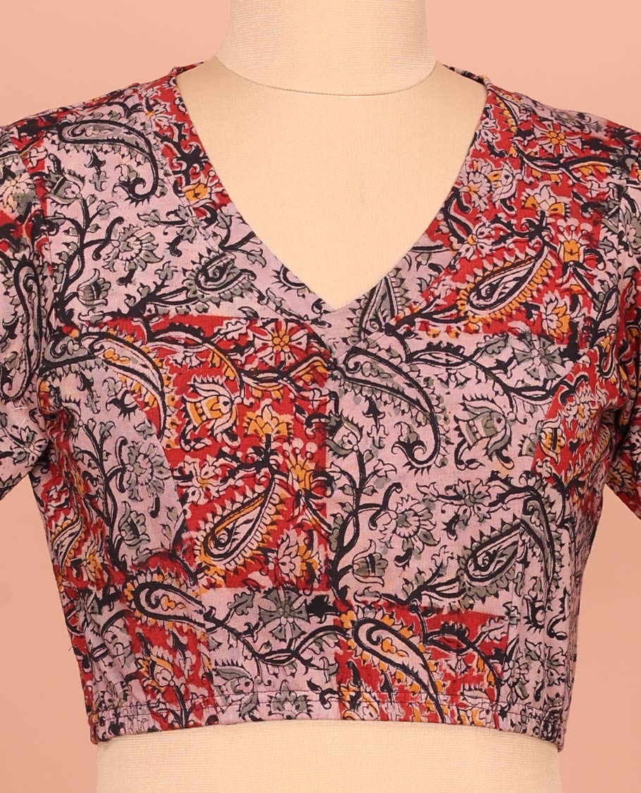 Red and Pink Cotton Readymade Blouse Detailed with All-Over Paisley and Floral Print, Featuring a Front V-Neck, a Closed Back Neck, and Elbow Sleeves - Image 2