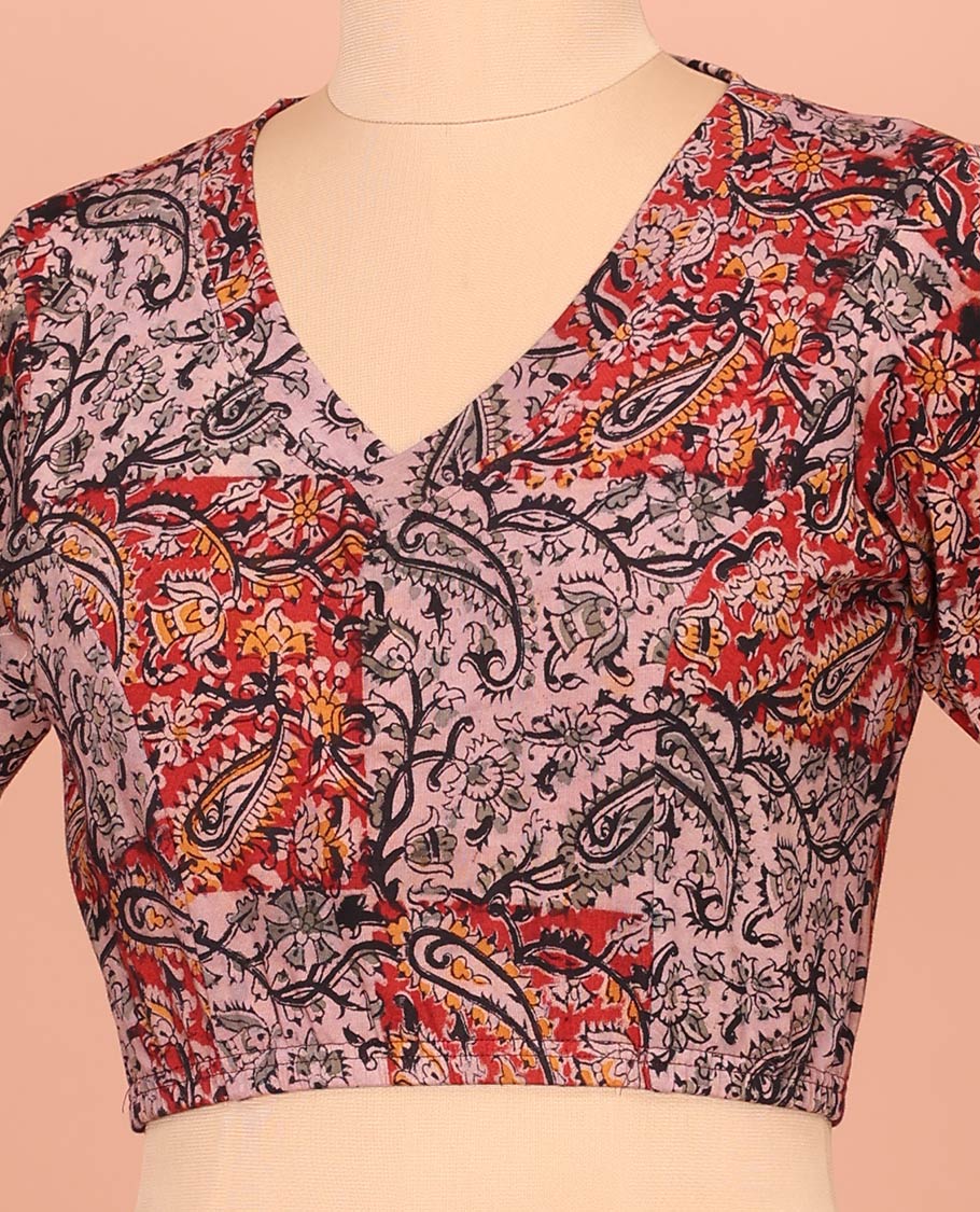 Red and Pink Cotton Readymade Blouse Detailed with All-Over Paisley and Floral Print, Featuring a Front V-Neck, a Closed Back Neck, and Elbow Sleeves - Image 3