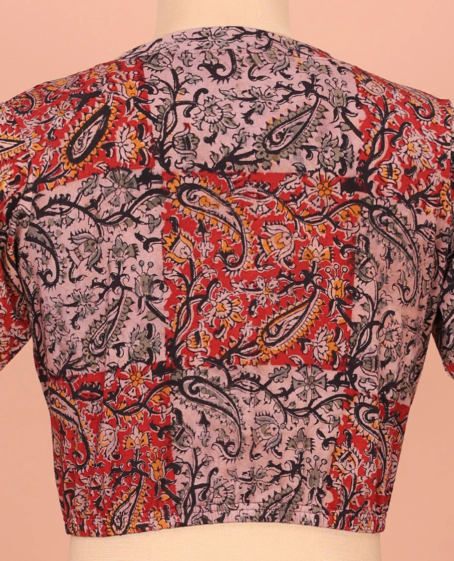 Red and Pink Cotton Readymade Blouse Detailed with All-Over Paisley and Floral Print, Featuring a Front V-Neck, a Closed Back Neck, and Elbow Sleeves - Image 4