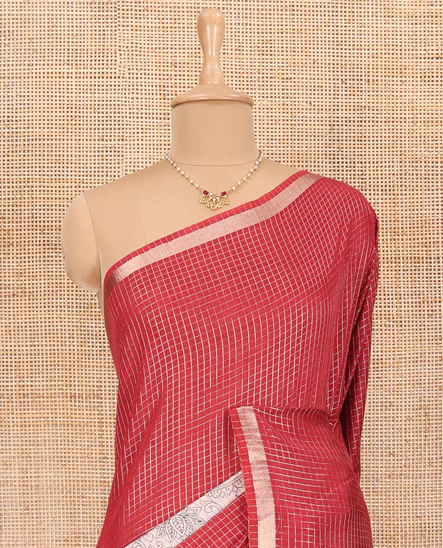 Red Assam Silk Saree Subtly Sparkled with Micro-Checks and Kalamkari Floral Prints, Featuring a Simple Piping Border, a Pallu Woven with Zari Stripes, Paired with a Matching Checked Blouse - Image 3