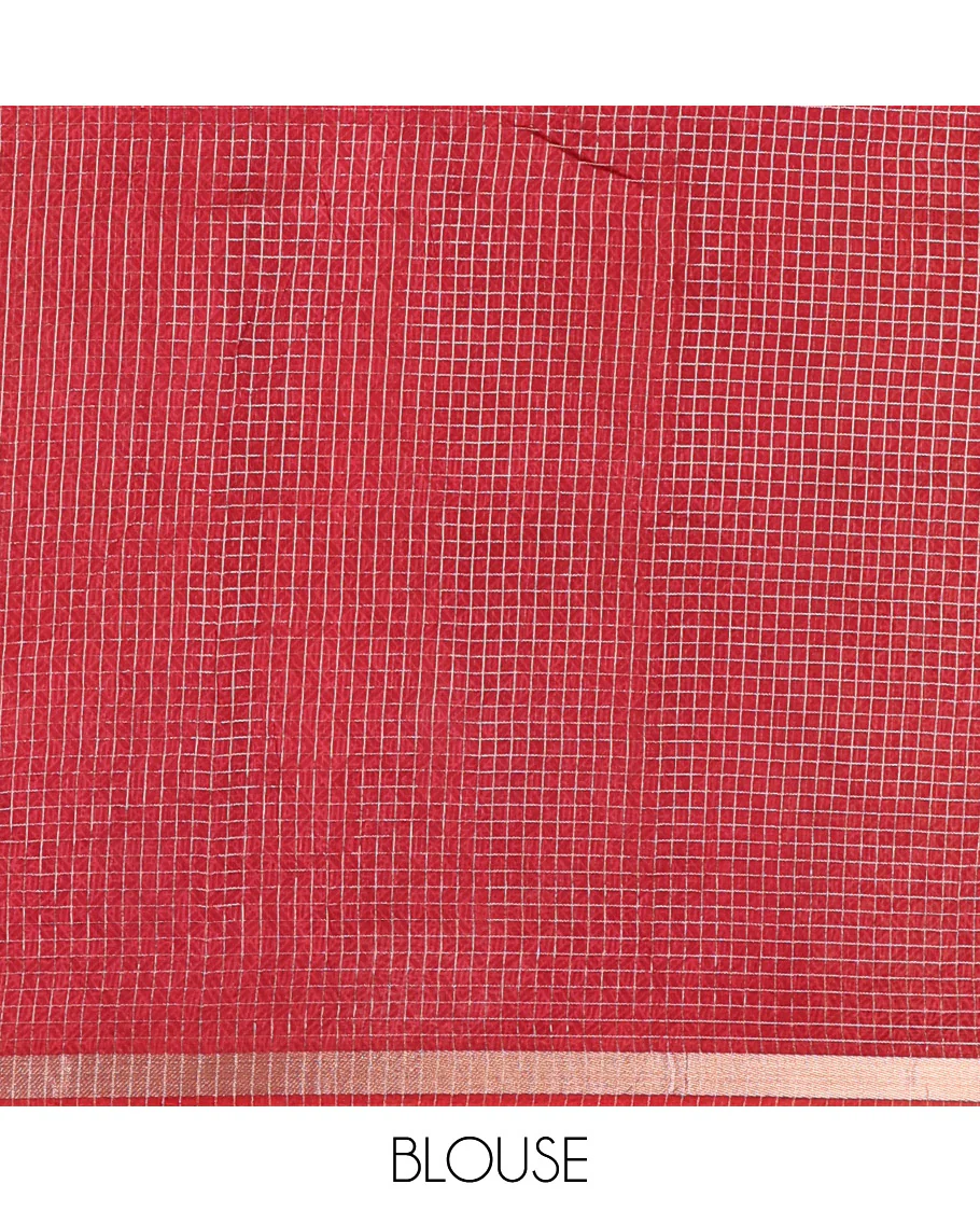 Red Assam Silk Saree Subtly Sparkled with Micro-Checks and Kalamkari Floral Prints, Featuring a Simple Piping Border, a Pallu Woven with Zari Stripes, Paired with a Matching Checked Blouse - Image 4