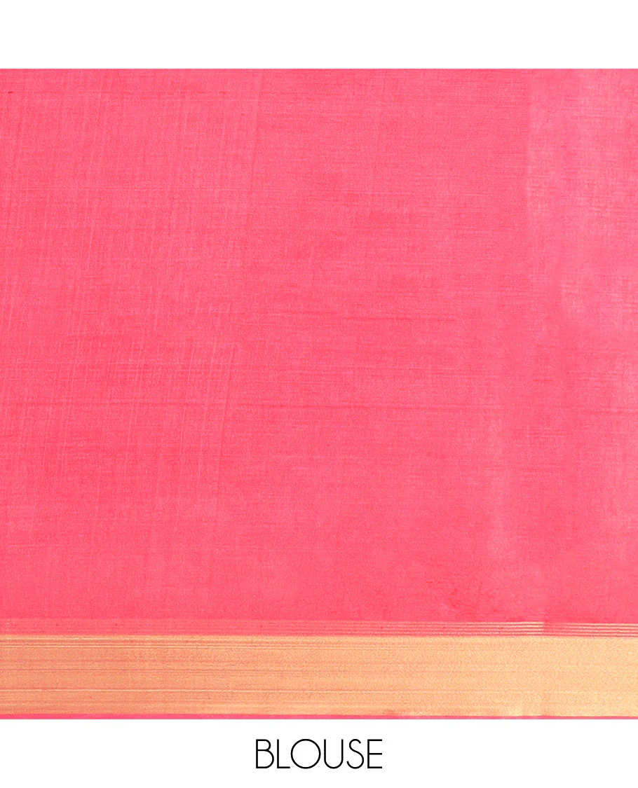 Red Banana Pith Saree Elegantly Framed with Zari Buttas, Artfully Detailed Border with Zari Designs, Gleaming Zari Stripes Woven Pallu, and Paired with a Matching Plain Blouse - Image 5