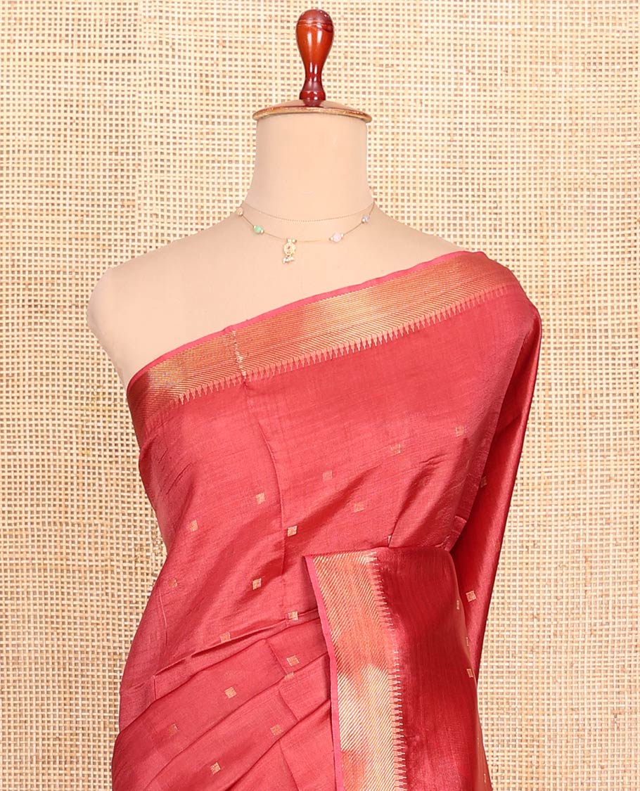 Red Banana Pith Saree Embellished with Zari Buttas, Temple Border of Zari Designs, Subtle Pallu of Zari Designs, and Paired with a Matching Blouse - Image 2