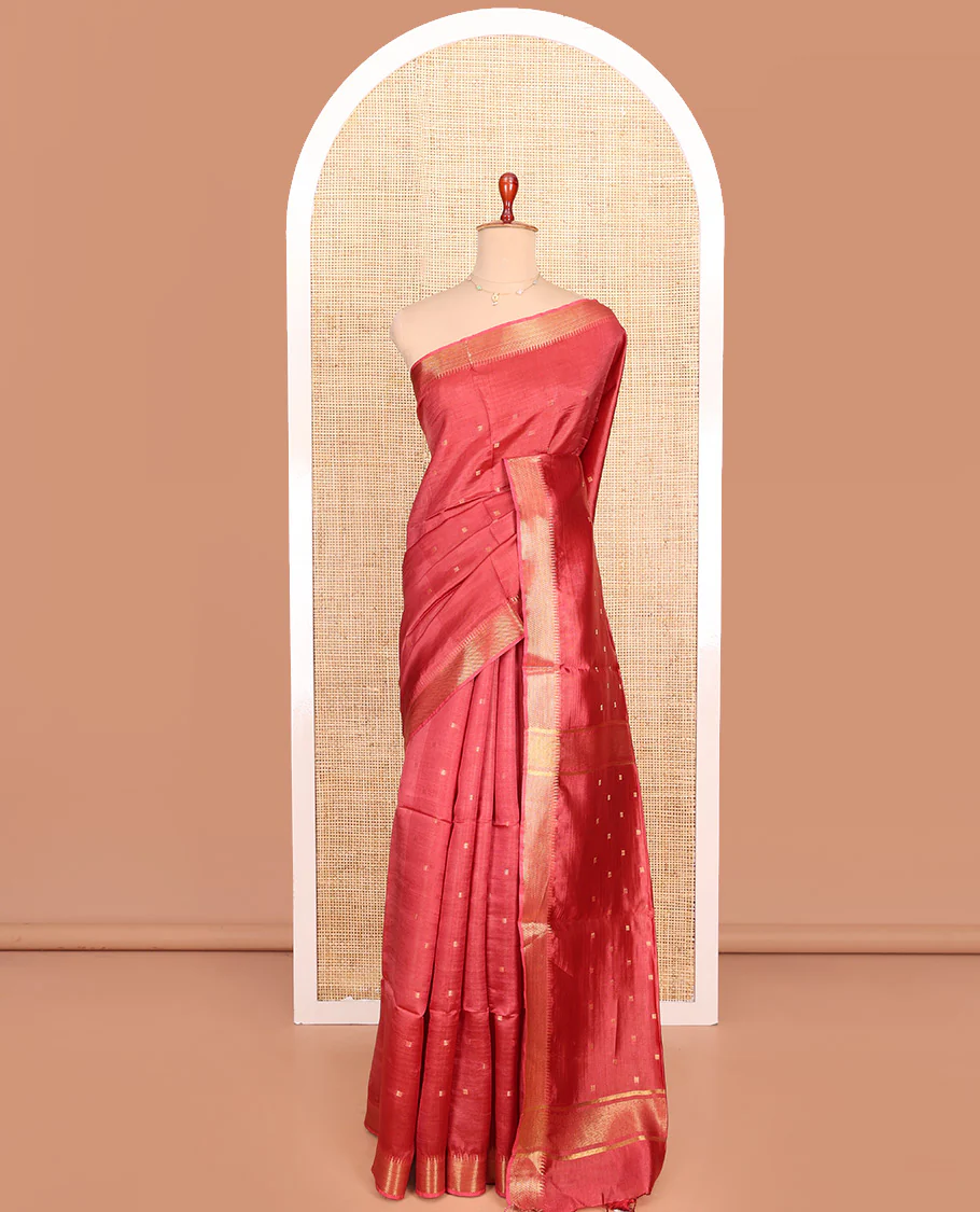 Red Banana Pith Saree Embellished with Zari Buttas, Temple Border of Zari Designs, Subtle Pallu of Zari Designs, and Paired with a Matching Blouse - Image 3