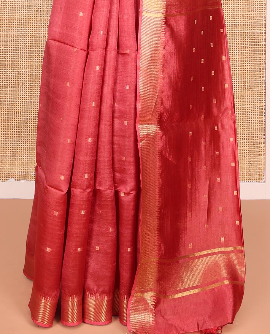 Red Banana Pith Saree Embellished with Zari Buttas, Temple Border of Zari Designs, Subtle Pallu of Zari Designs, and Paired with a Matching Blouse - Image 4