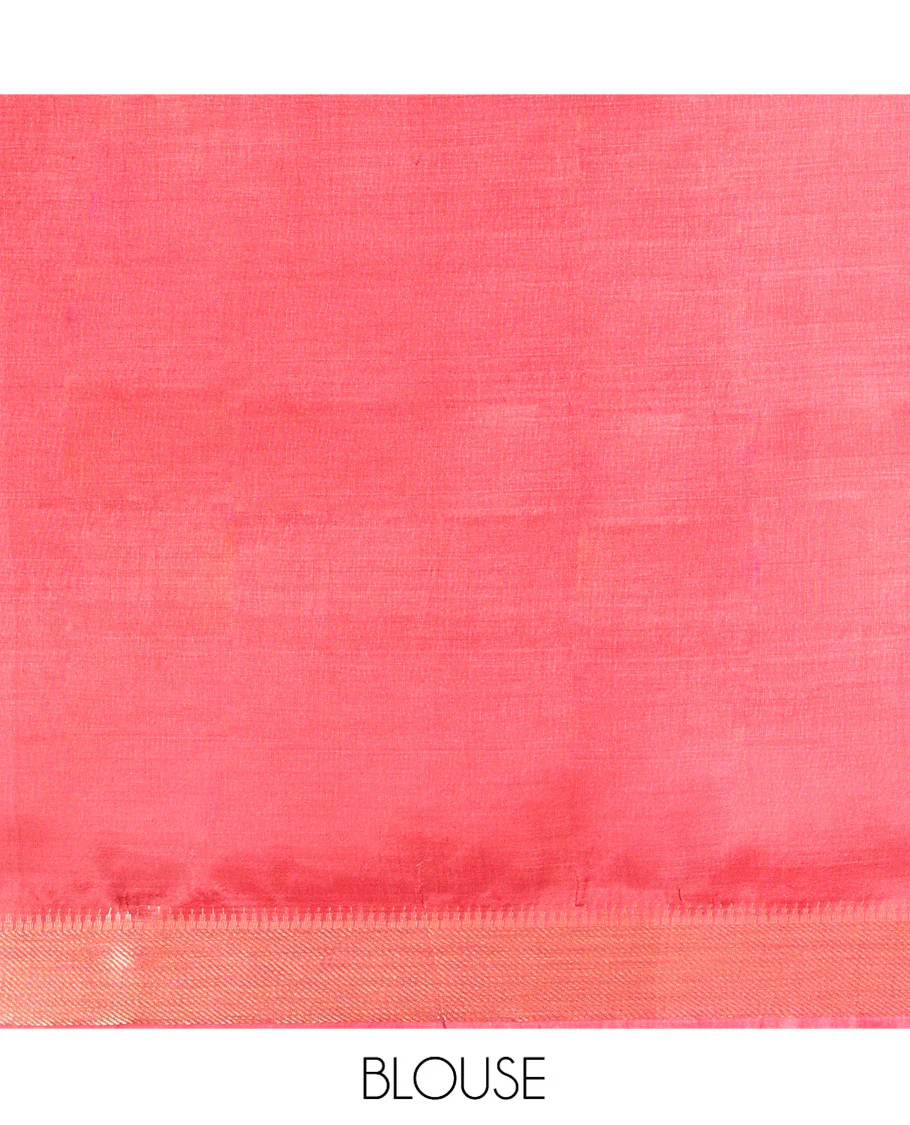 Red Banana Pith Saree Embellished with Zari Buttas, Temple Border of Zari Designs, Subtle Pallu of Zari Designs, and Paired with a Matching Blouse - Image 5