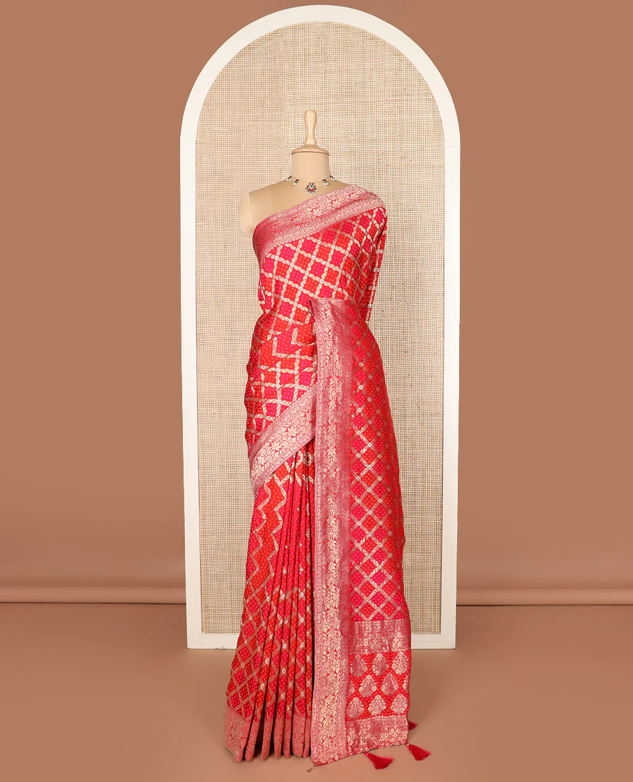 Red bandhani dottes enclosed jaal dola silk saree, traditional zari border, and pallu of intricate designs - Image 2