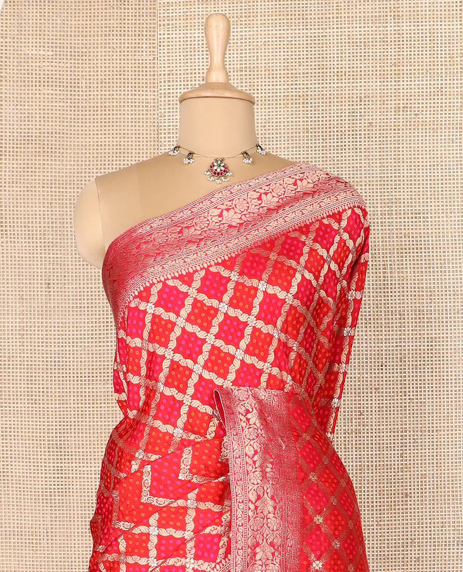 Red bandhani dottes enclosed jaal dola silk saree, traditional zari border, and pallu of intricate designs - Image 3