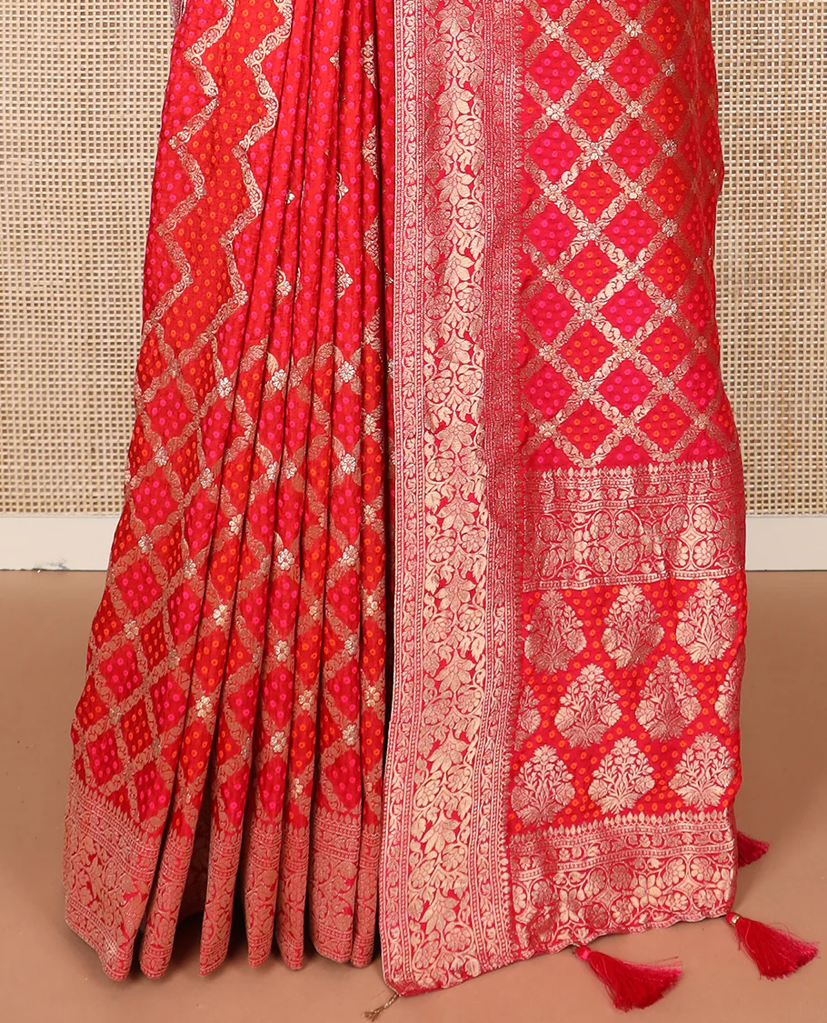 Red bandhani dottes enclosed jaal dola silk saree, traditional zari border, and pallu of intricate designs - Image 4