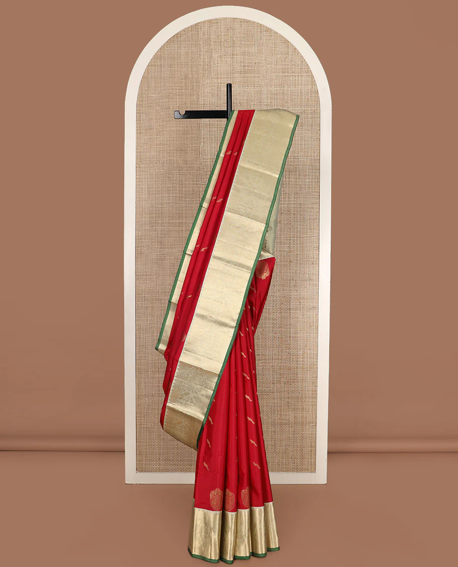 Red bird buttas Vasundhara silk saree, contrast border of puli nagam, mayil, and then kuli kann and jaal pallu